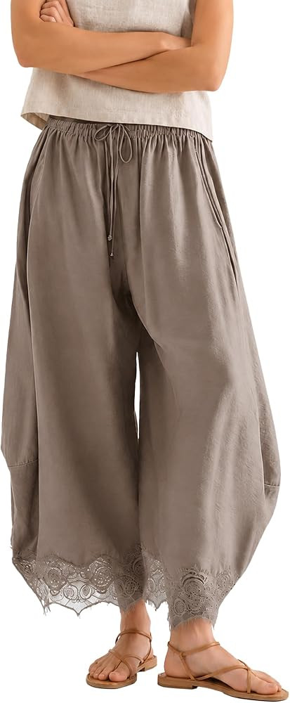 Womens Cropped Wide Leg Pants Drawstring Elastic Waist Lace Trim Boho Pants | Amazon (US)