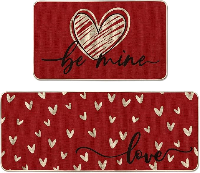 Artoid Mode Red Be Mine Love Valentine's Day Decorative Kitchen Mats Set of 2, Home Party Low-Pro... | Amazon (US)