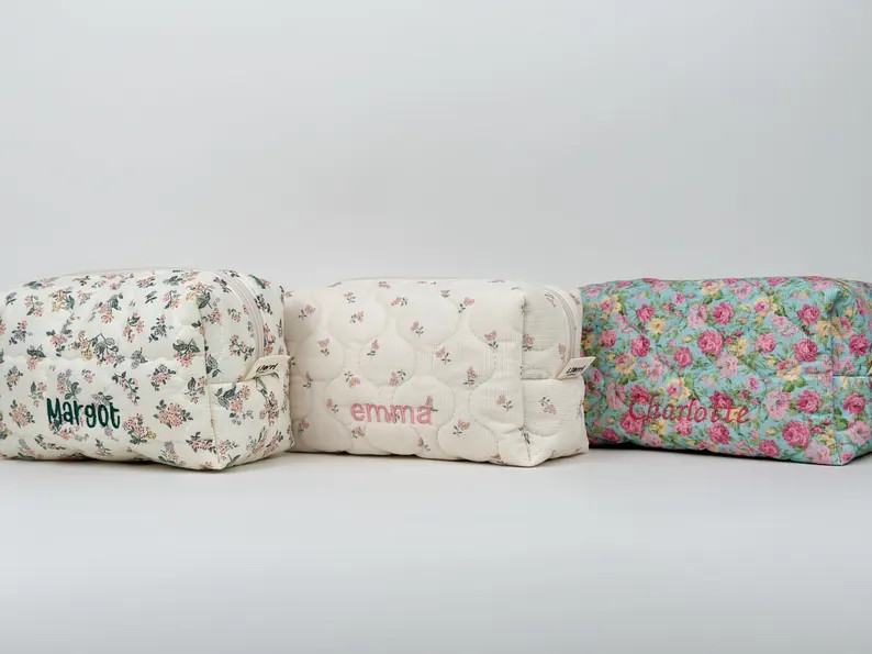 Personalized Quilted Cosmetic Bag, Custom Makeup Bag, Diaper Pouch, Floral Travel Toiletry Bag, P... | Etsy (US)