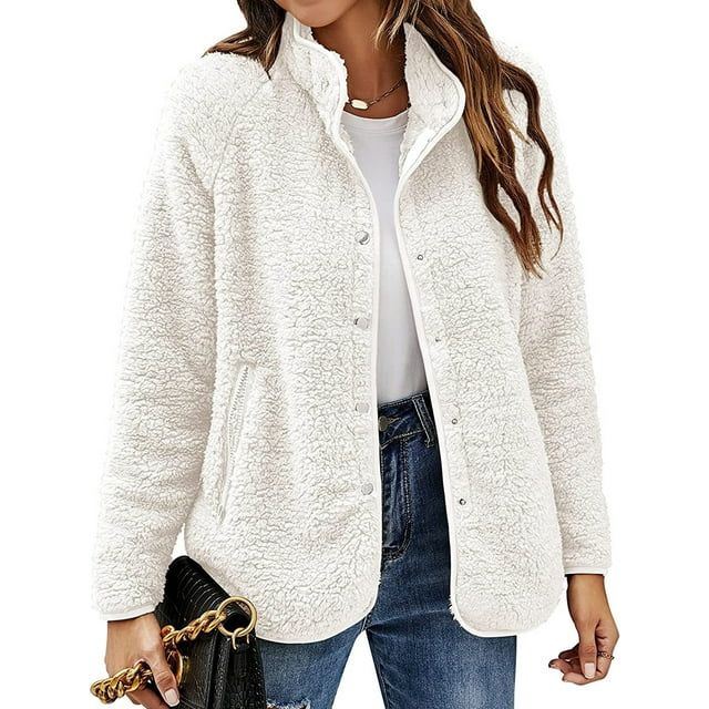 Haite Women Solid Color Jackets Long Sleeve Sherpa Fleece Coat Single Breasted Stand Collar Outwe... | Walmart (US)