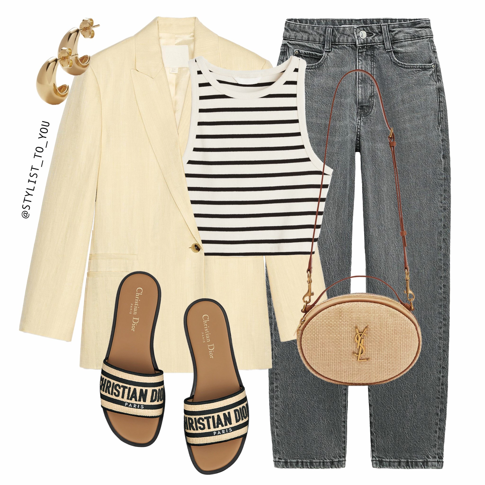 Lemon for Spring 🍋💛

Smart casual outfit with a lemon yellow tailored blazer, black and white striped sleeveless crop top tank, washed grey jeans, Dior branded slide sandals, gold hoop earrings, and a YSL round straw crossbody bag. smart casual, French chic, striped top, blazer outfit, neutral fashion, designer sandals, luxury bag, Dior slides, YSL bag, straw bag, grey denim, capsule wardrobe, classic outfit, Parisian style, effortless chic, jeans outfit, everyday looks, timeless fashion, fashion essentials, luxury casual, summer blazer, modern classic, effortless style, black and white stripes, tailored jacket, upscale casual, neutral palette, refined street style, transitional outfit, polished denim, minimal outfit, day-to-night look, stylish basics, city outfit, fashion-forward, European fashion, linen blazer, high-low mix, luxe look, subtle statement, muted tones

#LTKuk #LTKsummer #LTKspring