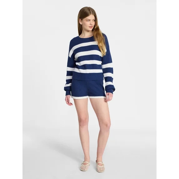 No Boundaries Drop Shoulder Crewneck Pullover Top and Shorts Set, 2-Piece, Women's XXS-XXL | Walmart (US)