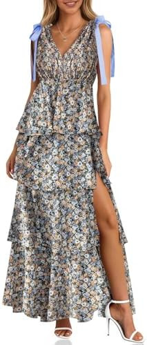 Wenrine Womens Summer Floral Maxi Dress Tie Strap Sleeveless V Neck High Slit Boho Ruffle Tiered ... | Amazon (US)