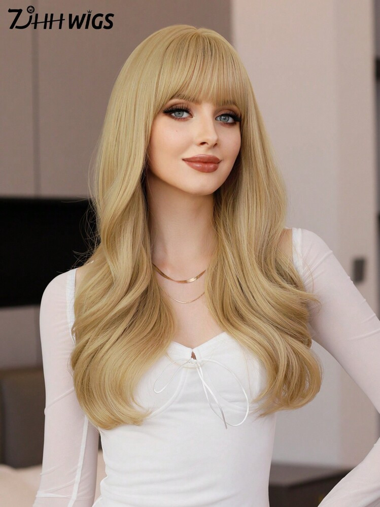 7JHH WIGS T-Swizzle Wig Natural Curly Blonde Wigs For Women Long Wavy Synthetic Wig With Bangs Natural Looking Soft Fiber Beautiful Fluffy Wigs For Beginners Daily Party Wedding Use 22 Inch | SHEIN