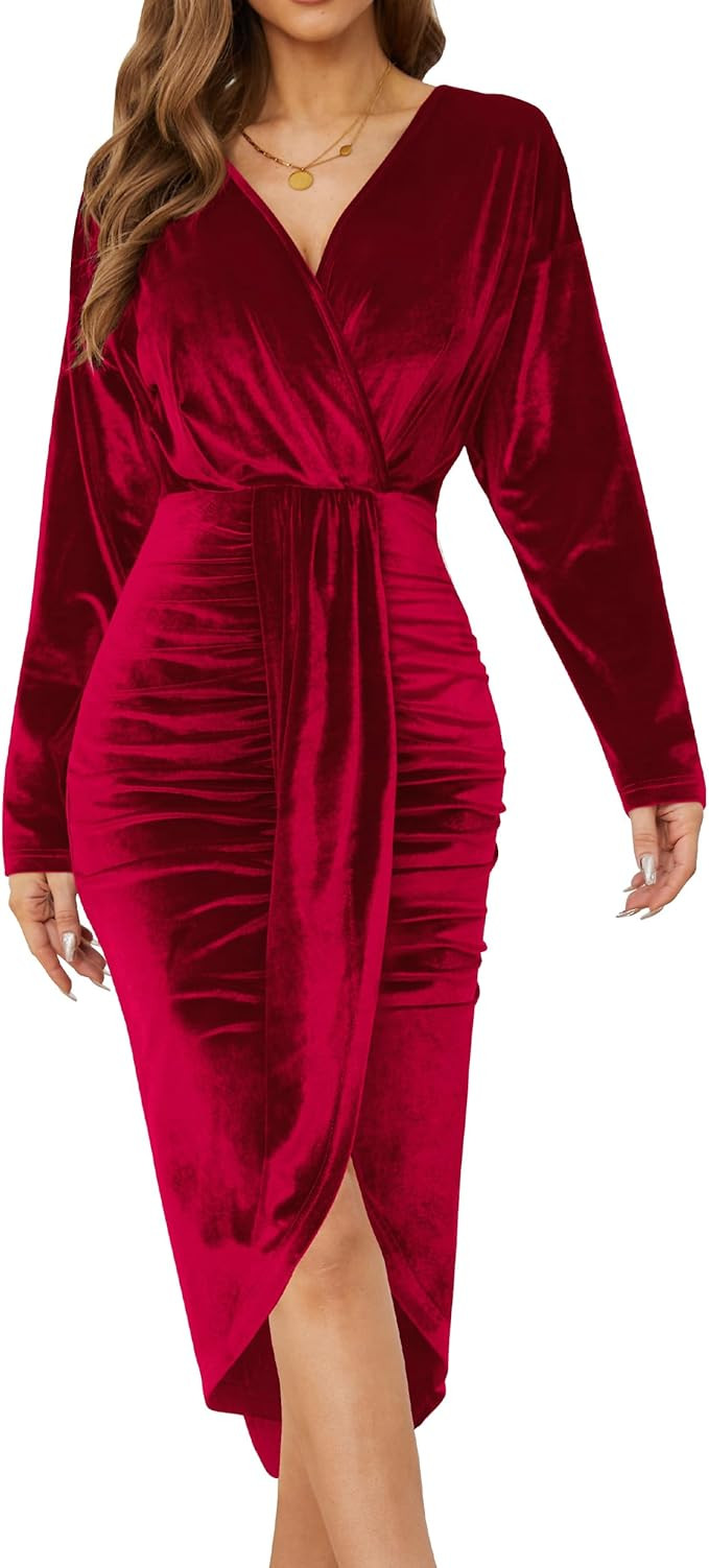 Women's V Neck Long Sleeve Ruched Dress Sexy Velvet Cocktail Party Evening Club Midi Dresses | Amazon (US)