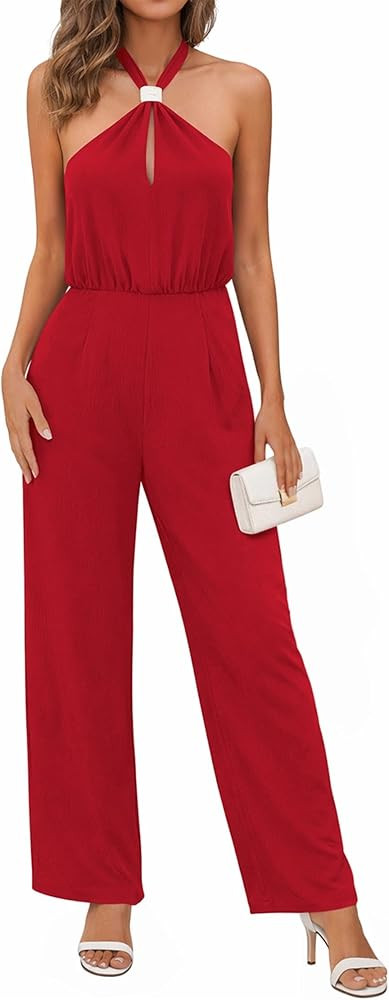 Lazysmile Summer Jumpsuits for Women Sleeveless Halter Backless Pants Romper Dressy Wide Legs One... | Amazon (US)