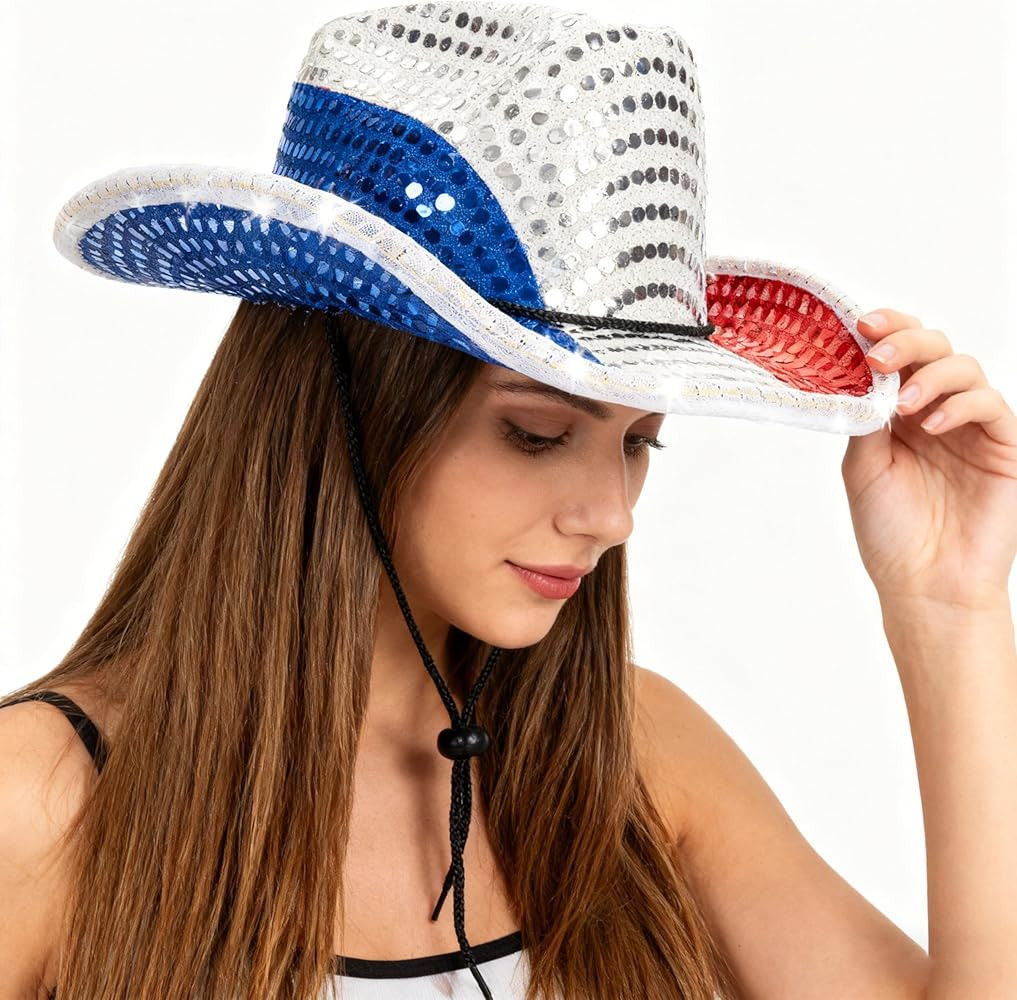 Mawjom Sparkly US-Flag Western Cowboy Hat - 4th of July Red White Blue Sequin Cowgirl Hat for Ind... | Amazon (US)