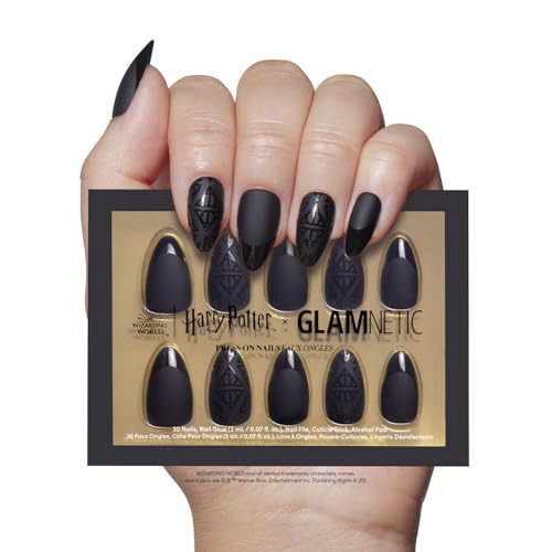Harry Potter™ x Glamnetic Press On Nails - Deathly Hallows™ | Black Harry Potter™ Graphic Short Almond False Nails, Reusable Stick On Fake Nails with Glue | Salon Quality | 15 Sizes - 30 Nail Kit | Amazon (US)