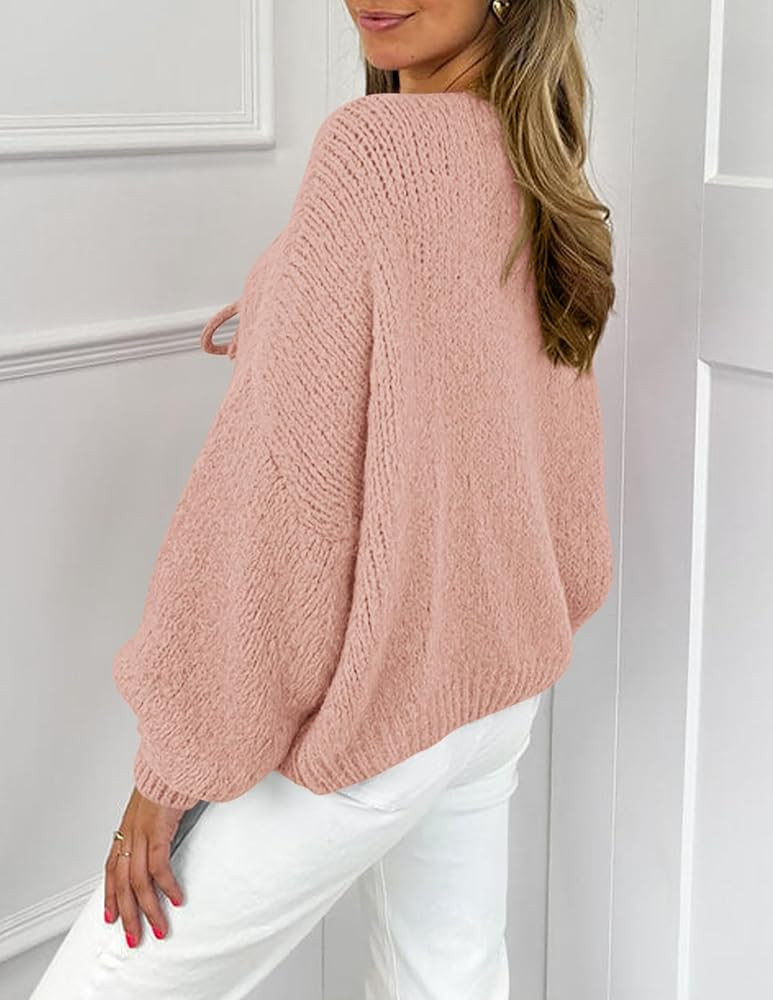 PRETTYGARDEN Women's Tie Front Bow Cardigan Sweaters Chunky Knit Long Puff Sleeve Trendy Fall Win... | Amazon (US)