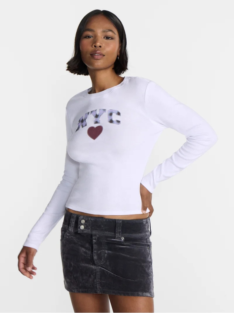No Boundaries Graphic Baby Cotton Tee with Long Sleeves, Women's XXS-XXL | Walmart (US)