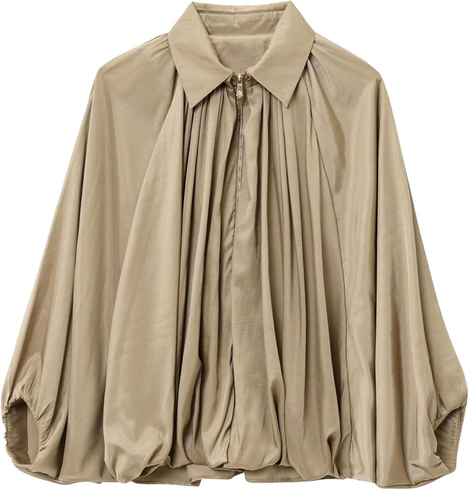 Womens Puffed Bomber Jacket Casual Batwing Sleeve Lapel Collar Zip Shirts Oversized Pleated Stree... | Amazon (US)
