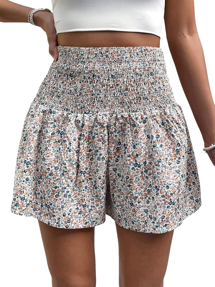 Milumia Women's Boho Ditsy Floral Smocked Wide Leg Shorts High Waisted Summer Shorts | Amazon (US)