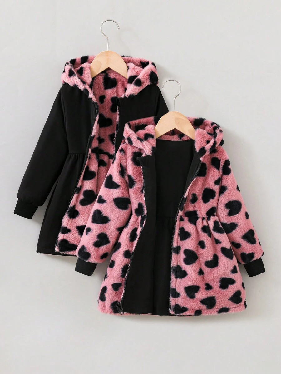 Genkimix Kids Young Girl Reversible Winter Coat, Heart Print Fuzzy Plush Lined Hooded Jacket With Zipper For Autumn/Winter Western | SHEIN