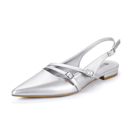 IDIFU Silver Flats Pointed Toe Strappy Slingback Ballet Flat Shoes Wedding Bridal Formal Dress Shoes for Women Dressy Comfortable Cute Trendy Ladies Flats(Silver Pu, 6.5) | Amazon (US)