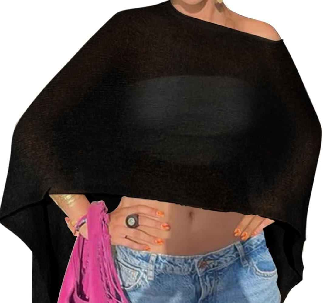 Drop Shoulder Sheer Crochet Vacation Outfits Poncho Sweater Top Summer Beach Cover Up | Amazon (US)