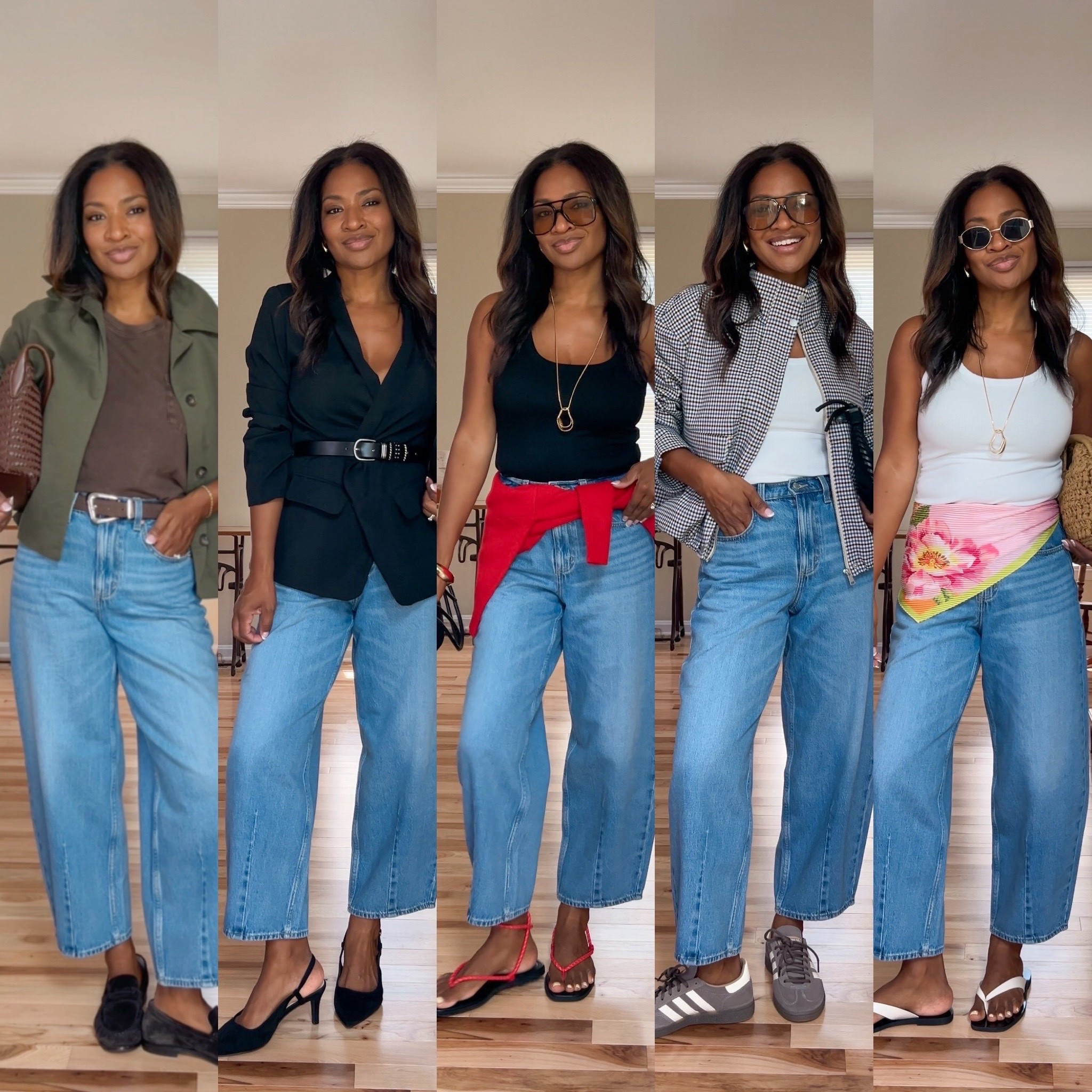 I’m wearing a size 4 in the barrel jeans. That is my true size. In the green jacket I’m linking similar ones. I’m linking similar black blazers. I wear a size 4 and the tank tops. A size medium, and the red cardigan. A size small in the plaid jacket. Size 1/2 down in the Adidas sneakers