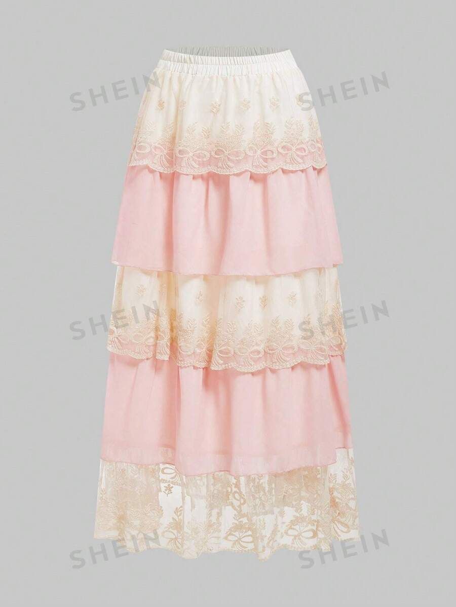 ROMWE Kawaii Lace Patchwork Multi-Layered Skirt | SHEIN