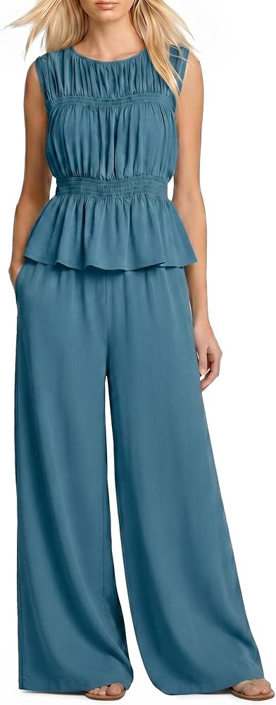 Women's 2 Piece Outfits Summer Boho Pleated Ruffle Sleeveless and Wide Leg Pants Set Casual Vacat... | Amazon (US)