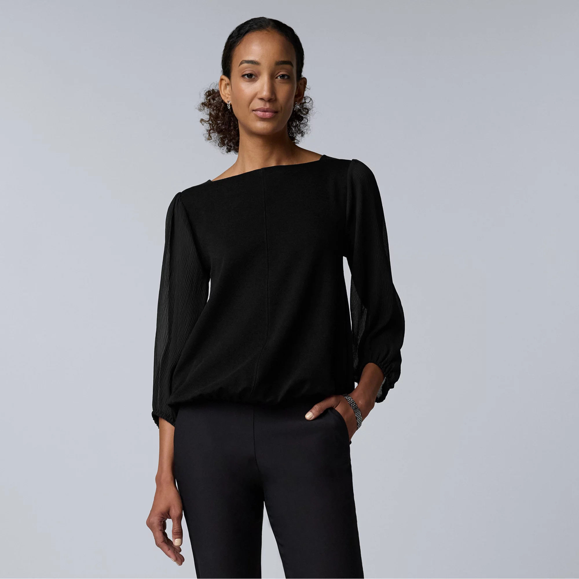 Women's Simply Vera Vera Wang Mixed Media Boat Neck Top, Size: Small, Black Stippled Floral | Kohl's