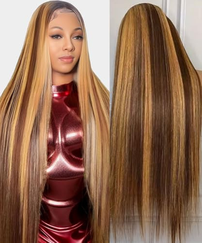 WOOMN Ombre Lace Front Wig Human Hair 32 Inch Honey Blonde Wig Human Hair 13x6 HD Lace Frontal Straight Wigs Human Hair Pre Plucked 200 Density 4/27 Brown Highlight Wigs | Amazon (US)