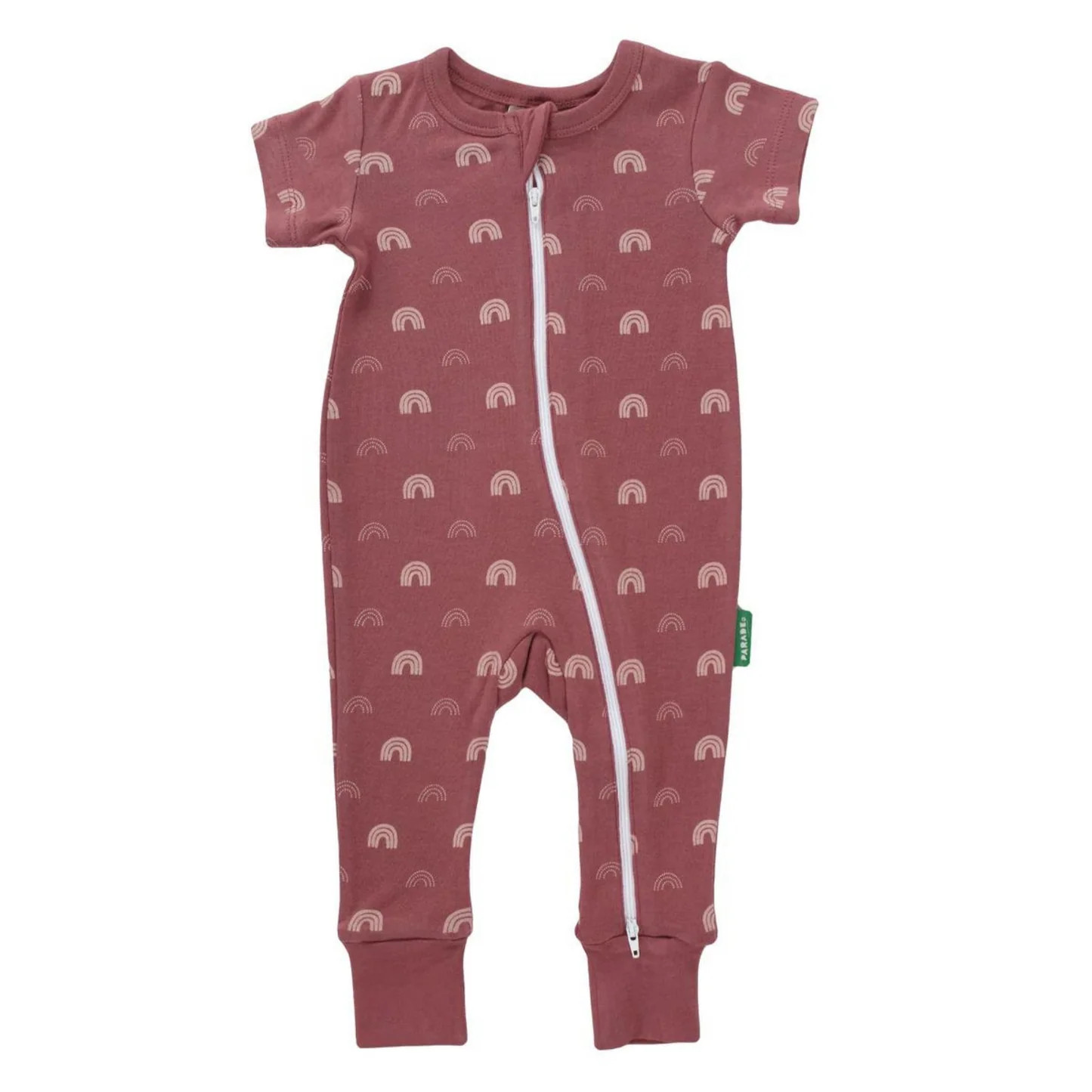 Organic Short Sleeve Zip Romper, Rose Rainbows | SpearmintLOVE