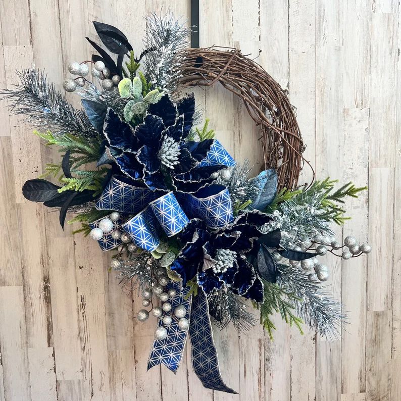 Navy Blue and Silver Christmas Wreath Blue Velvet Poinsettia - Etsy | Etsy (US)