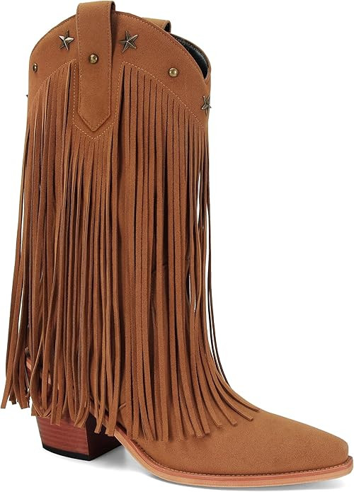 Fringe Cowboy Boots for Women Pull on Mid Calf Cowgirl Boots with Star Studded Pointed Toe and Ch... | Amazon (US)