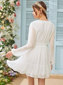 SHEIN Guipure Lace Trim Button Front Ruffle Hem Dress | SHEIN