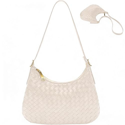 Shoulder Handbags for Women Crossbody Woven Leather Tote Shoulder Bag Purse Hobo Lightweight With Zipper Adjustable Strap (Off white) | Amazon (US)