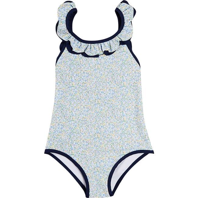 Floral Print Ruffle Trim Swimsuit, Blue | Maisonette