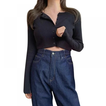 2021 SALE Women's Cropped Cardigan Slim Button Down Knitted Sweater Long Sleeve T-shirt Simple Short | Walmart (US)