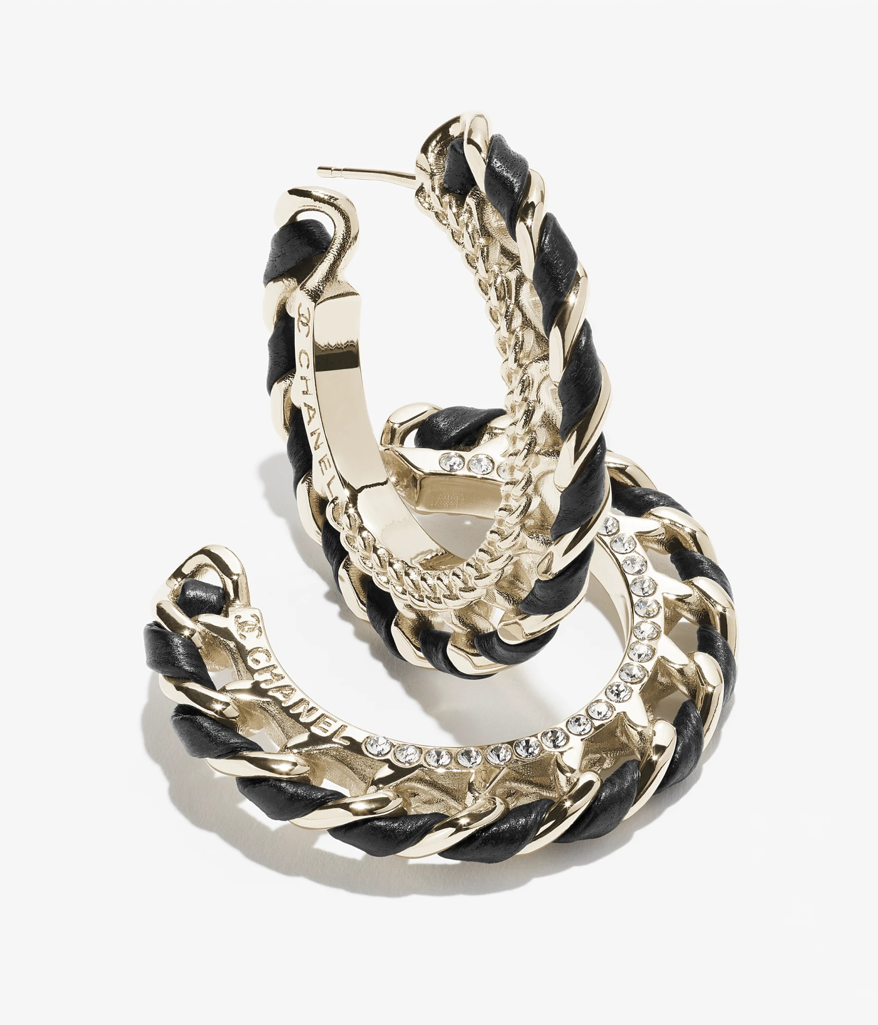 Hoop earrings - Metal, lambskin & strass, gold, black & crystal — Fashion | CHANEL | Chanel, Inc. (US)