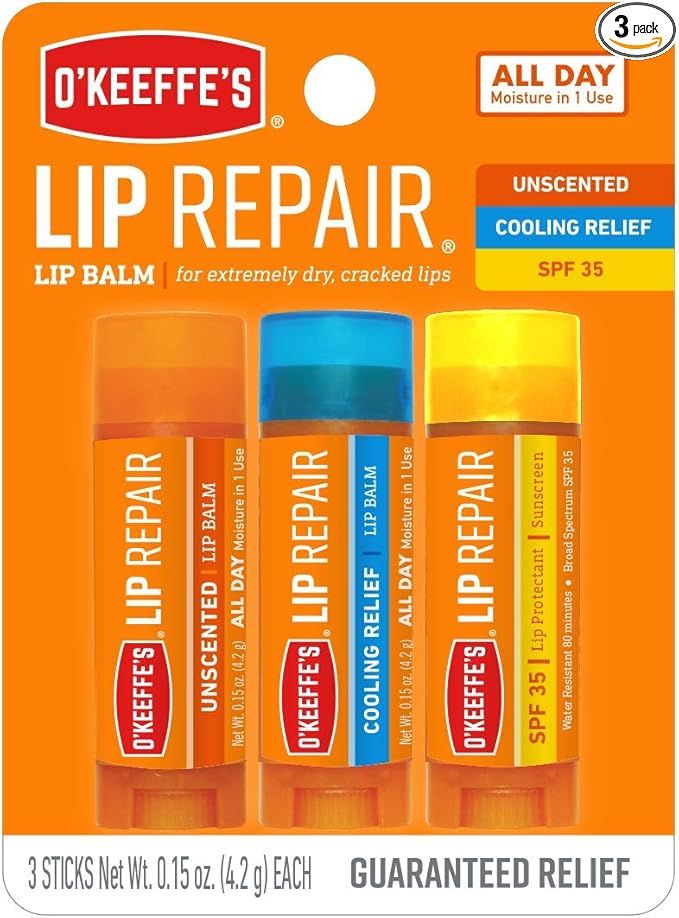 O'Keeffe's Lip Repair Lip Balm for Dry, Cracked Lips, Stick, (Pack of 3: 1 Cooling + 1 Unscented ... | Amazon (US)