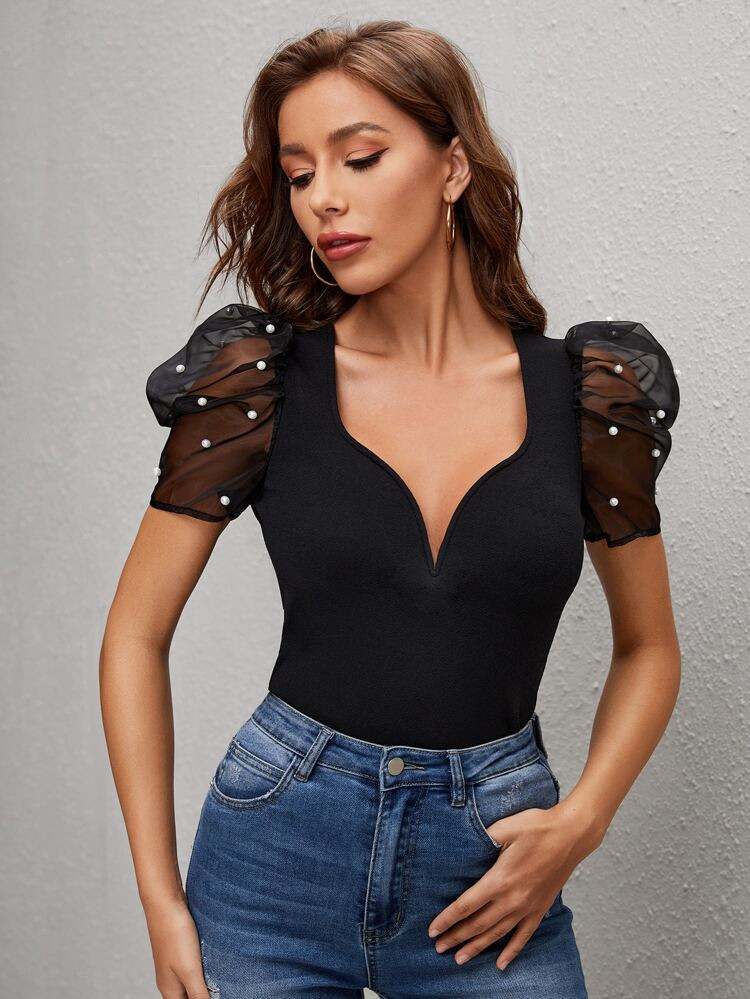 SHEIN Pearl Beaded Sheer Mesh Puff Sleeve Top | SHEIN