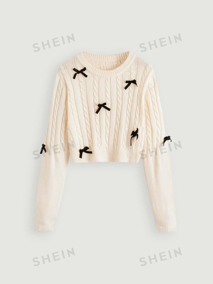 SHEIN MOD Spring Break Apricot Bow Detail Cable Knit Sweater | SHEIN