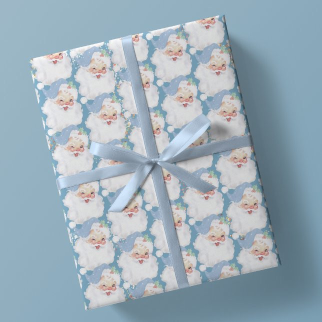 Baby Blue Vintage Wink Santa Claus Christmas Gift Wrapping Paper | Zazzle