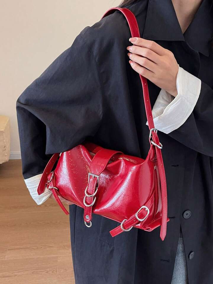 Women PU Oil Wax Leather Barrel-Shaped Shoulder Bag With Fashionable Belt Design | SHEIN