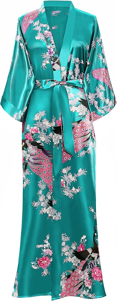 BABEYOND Women's Kimono Robe Long Satin Robes with Peacock and Blossoms Printed Kimono Nightgown | Amazon (US)