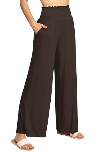 Made By Johnny MBJ WB2389 Women's Elastic High Waisted Palazzo Pants Casual Wide Leg Long Lounge Pant Trousers with Pocket XXL Brown | Amazon (US)