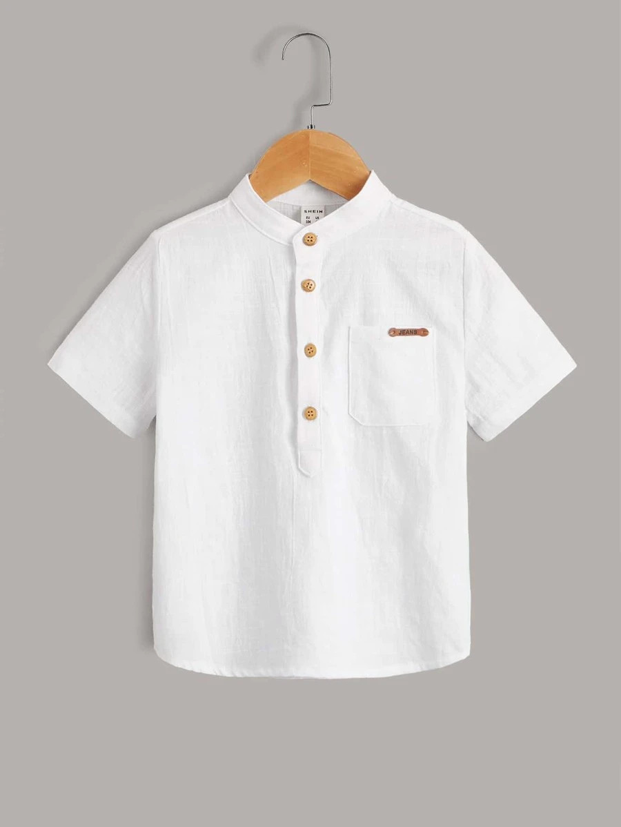 SHEIN Toddler Boys Mock Neck Half Button Patched Pocket Shirt | SHEIN