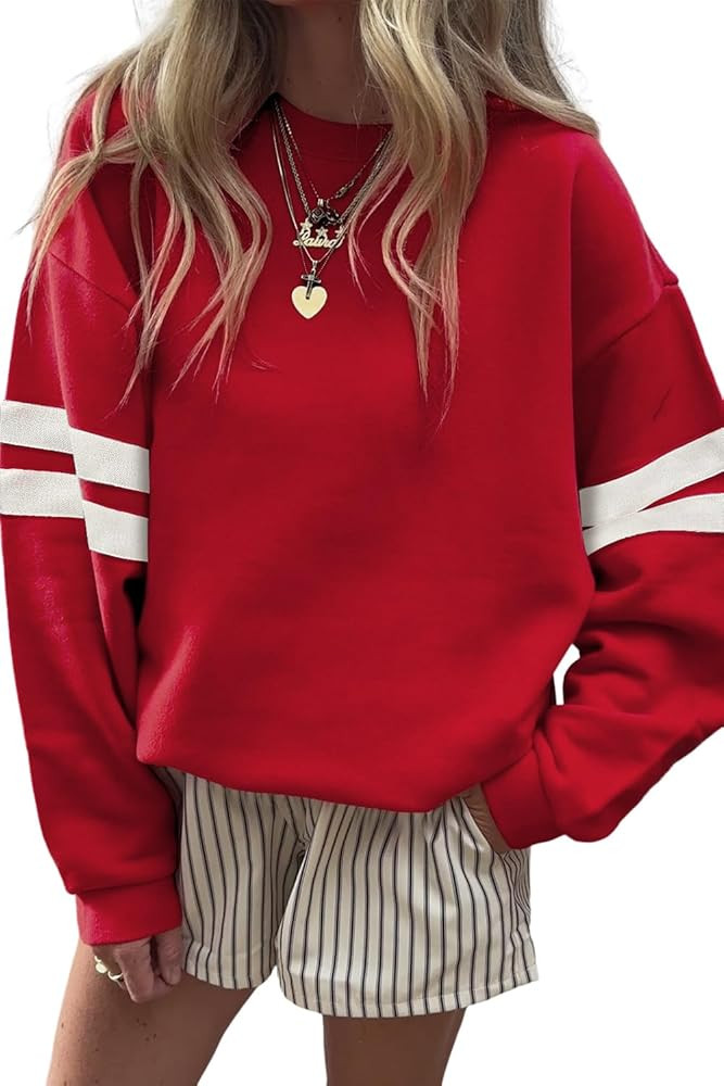 OCSTRADE Womens Pullover Sweatshirts Varsity Striped Long Sleeve Drop Shoulder Oversized Sweat To... | Amazon (US)