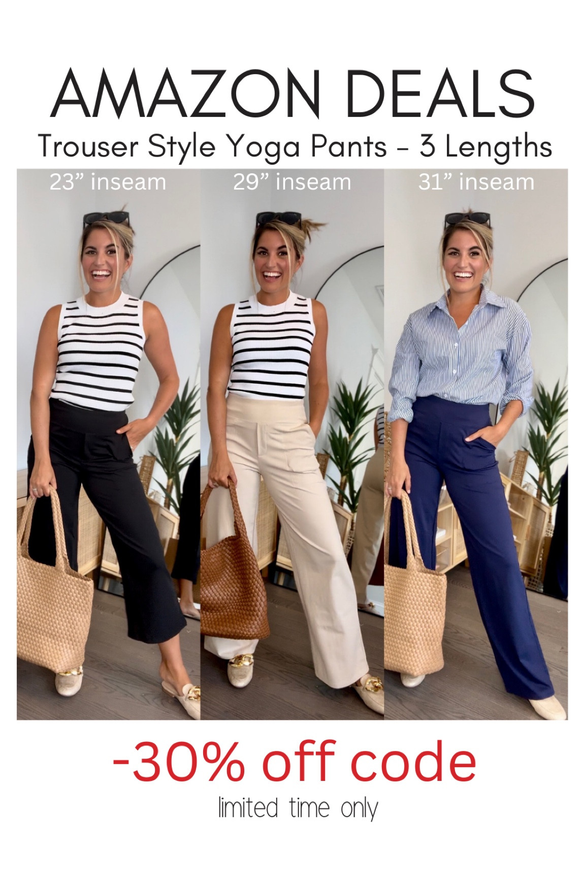 30% off Amazon Trouser-style yoga pant🫶🖤30% CODES BELOW👇👇👇Must comfy work pants Petite Friendly i’m 5’2”, 125lbs in a small 29” inseam (beige), 31” inseam (blue) & 23” inseam (black/green). I would go with the 29” for pants and 23” for a capri look  
CODES -Limited time grab them fast!🏃🏼‍♀️
9% coupon on most sizes + my 20% off code is U8E2OZS8
Stripe top only $14 and white top only $9, no code needed for tops!
.
Amazon basic, capsule wardrobe, capsule closet, bathing suit coverup, workwear, trousers, work pants, pants, cropped pants, sunglasses, linen pants, striped dress, blue stripe dress, black jumpsuit, beige jumpsuit, travel outfit, loungewear, comfy outfit, casual outfits, work outfit, workwear#LTKxMadewell #LTKworkwear
