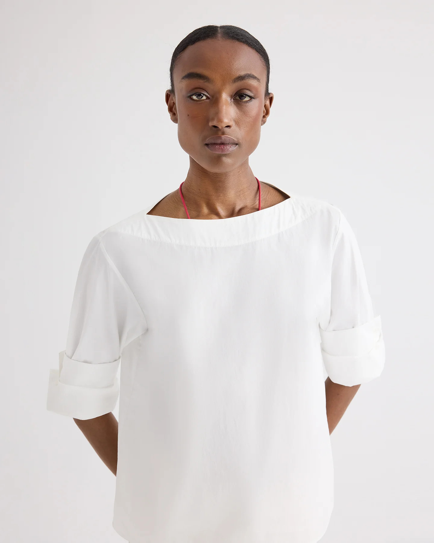 Boat Neck Top with Double Rolled Sleeve in Cotton Poplin | TWP