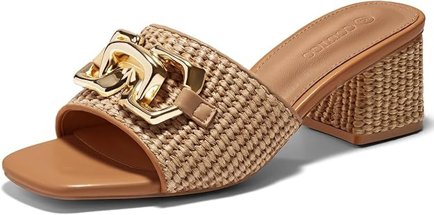 Coutgo Womens Raffia Slide Sandals Chunky Block Heeled Square Open Toe Metal Chain Slip on Mules ... | Amazon (US)