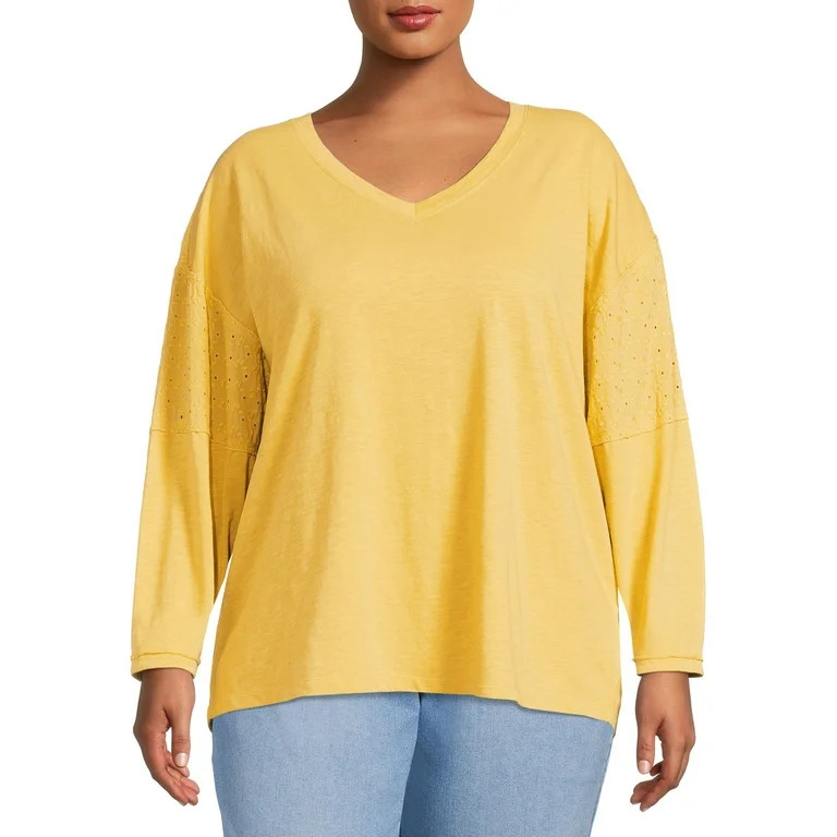 Terra & Sky Women's Plus Size Mixed Media V-Neck Eyelet Top - Walmart.com | Walmart (US)