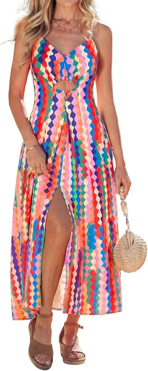 popvil Maxi Dresses for Women 2026 Summer Beach V Neck Cutout Slit Dress | Long Tropical Sundress... | Amazon (US)