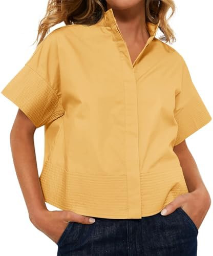 Cicy Bell Womens Cropped Short Sleeve Button Down Shirts Pleated Summer Dressy Casual Blouse Stan... | Amazon (US)