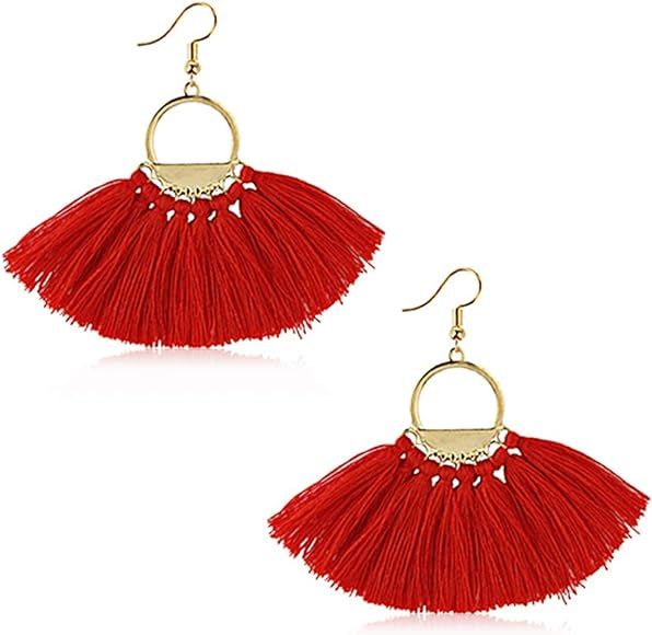 Women Tassel Earrings Bohemia Fan Shape Thread Tassel Statement Drop Dangle Earrings for Lady | Amazon (US)