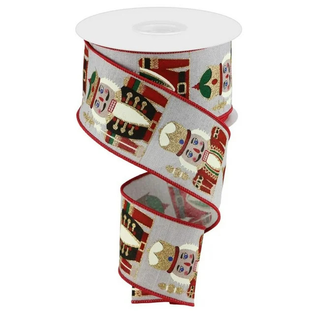 Festive Nutcrackers Wired Christmas Ribbon - 2 1/2" x 10 Yards, Red Edge, Natural Gray Ribbon, Gl... | Walmart (US)