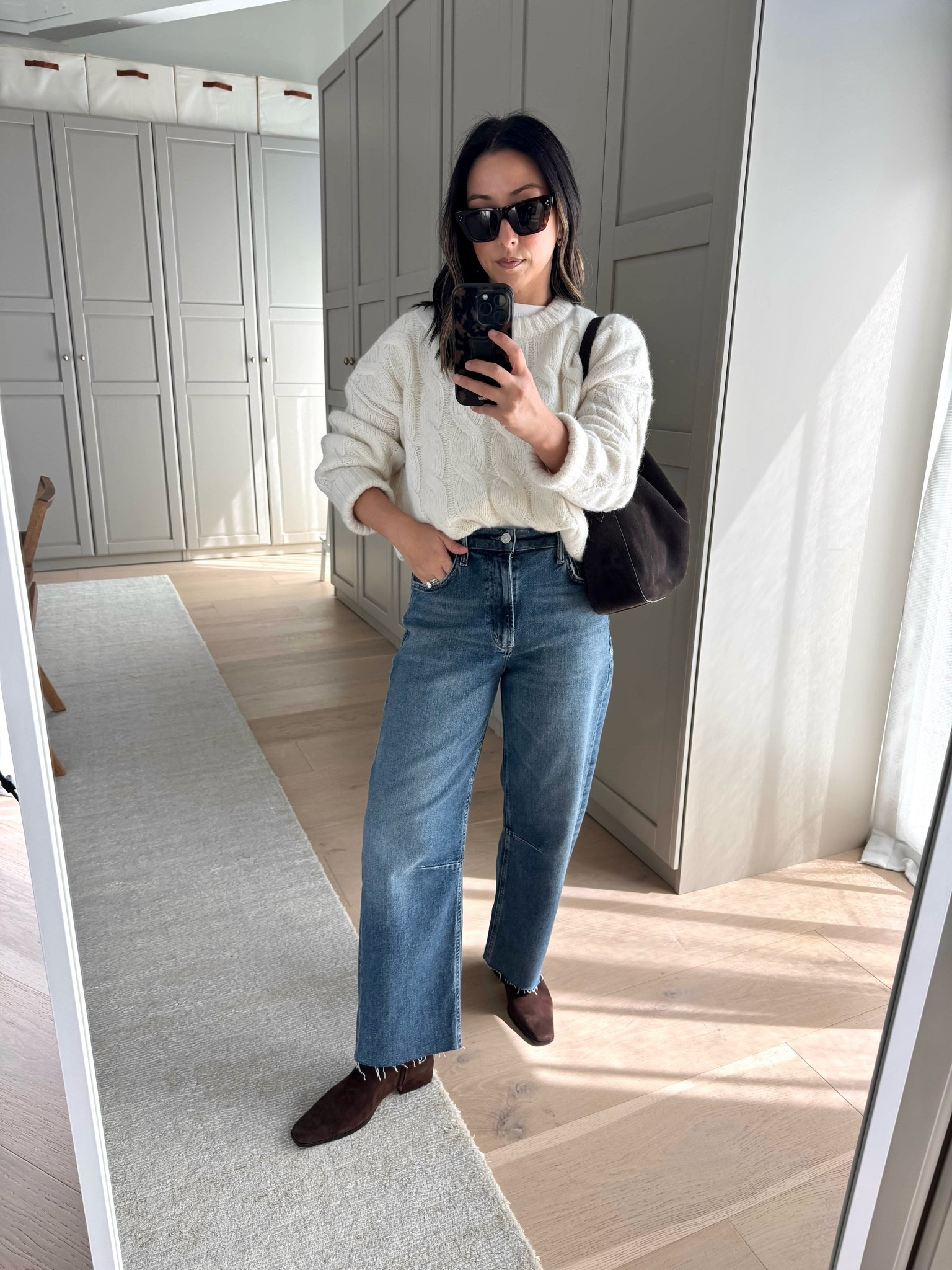 These are your everyday ankle booties. Flat, comfortable, easy to walk in! Tts. With more narrow toe-beds I like to have some room, so could go up a half size. 

Quince sweater small. Could wear the xs
Citizens of Humanity Miro jeans 25. Cut hems. Could size size. 
Steve Madden booties 5.5
J.crew bag
Celine sunglasses
Dorsey Cecilia earrings 3.4
Dorsey James necklace 15”